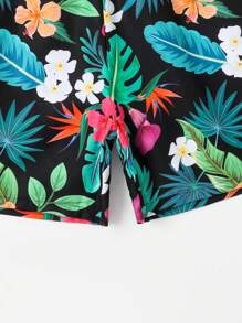 1 Pieza De Pantalón Corto De Baño Con Cintura Ajustable Para Niños, Con Estampado Tropical