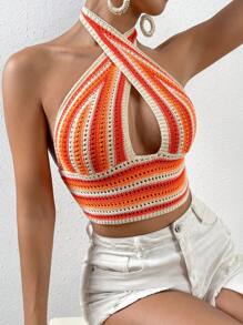 Chiquease Áo dệt kim nữ Lộ Lưng Hội Chữ thập Cắt ra Buộc lại Sọc Boho - trái cam - Xem 4
