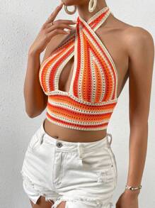 Chiquease Áo dệt kim nữ Lộ Lưng Hội Chữ thập Cắt ra Buộc lại Sọc Boho - trái cam - Xem 5