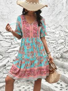 SHEIN VCAY 印花荷葉袖荷葉邊連衣裙 - 青碧色 - 查看 3