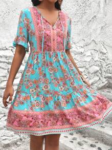 SHEIN VCAY 印花荷葉袖荷葉邊連衣裙 - 青碧色 - 查看 4