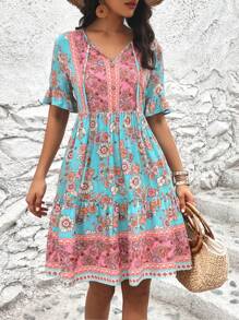 SHEIN VCAY 印花荷葉袖荷葉邊連衣裙 - 青碧色 - 查看 5