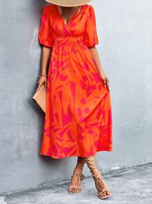 Chiquease 幾何印花泡泡袖A字連衣裙 - 橘色 - 查看 1