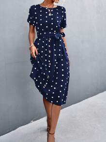 Breezaya Polka Dot Print Button Detail Belted Dress - Navy Blue - View 4