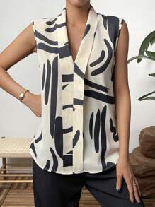 Chiquease Graphic Print Shawl Collar Sleeveless Blouse