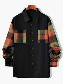 Manfinity Homme Men Plus Loose Fit Plaid Print Shirt With Pocket Patch - Black - View 1