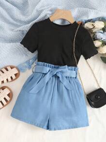 SHEIN Girls Lettuce Trim Tee & Paperbag Waist Belted Shorts - Multicolor - View 1