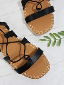 露趾踝帶平底涼鞋 - 黑色 - 查看 3