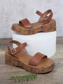 純素皮革露趾軟木厚底涼鞋 - 棕色 - 查看 2