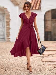 SHEIN Clasi Vestido cruzado ribete con fruncido con cinturón - Burdeos - Ver 1