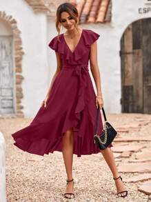 SHEIN Clasi Vestido cruzado ribete con fruncido con cinturón - Burdeos - Ver 3
