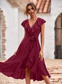 SHEIN Clasi Vestido cruzado ribete con fruncido con cinturón - Burdeos - Ver 5