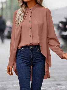 SHEIN Clasi Áo sơ mi nữ Cao thấp Nút phía trước màu trơn Giải trí - Bụi hồng - Xem 5