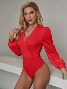 EMERY ROSE Surplice Neck Lantern Sleeve Bodysuit For New Year Clothes Fall Cloth For Women