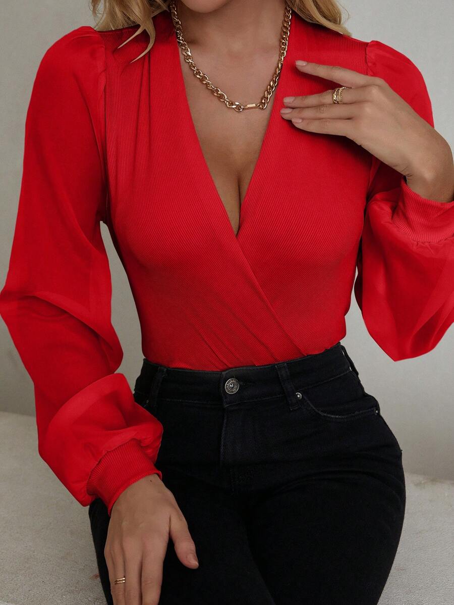 EMERY ROSE Surplice Neck Lantern Sleeve Bodysuit For New Year Clothes Fall Cloth For Women