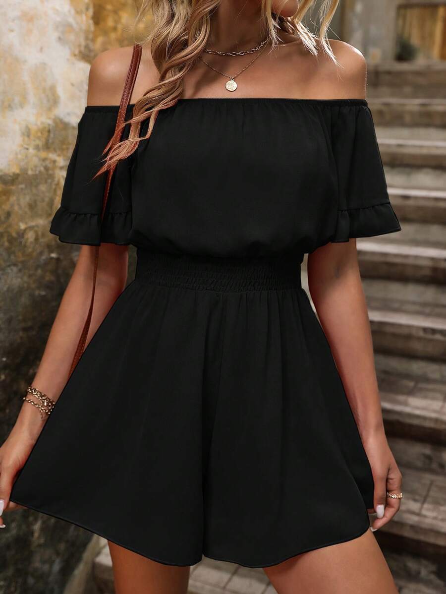 SHEIN LUNE Off Shoulder Flounce Sleeve Romper - Black - View 1