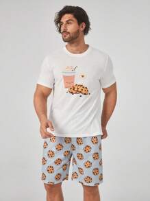 Men Cartoon Graphic PJ Set - Blue and White - View 5