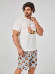 Men Cartoon Graphic PJ Set - Blue and White - View 6