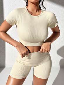 Easithlete Rib-Knit Raglan Sleeve Wide Waistband Sports Set Workout Women Setwomen Workout Set - Beige - View 3