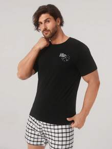 男士字母圖案T恤和格紋短褲睡衣套裝