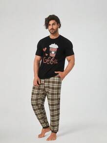 男士 1 件咖啡色 & 字母图案 T 恤 & 1 件格子裤睡衣套装 / 睡衣套装 - 彩色 - 查看 2