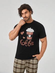 男士 1 件咖啡色 & 字母图案 T 恤 & 1 件格子裤睡衣套装 / 睡衣套装 - 彩色 - 查看 6