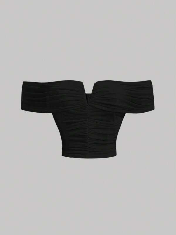 SHEIN MOD Negro V Panty Tops De Noche Para Fiestas De Verano, Estilo De Hombros Caídos Con Corpiño Fruncido