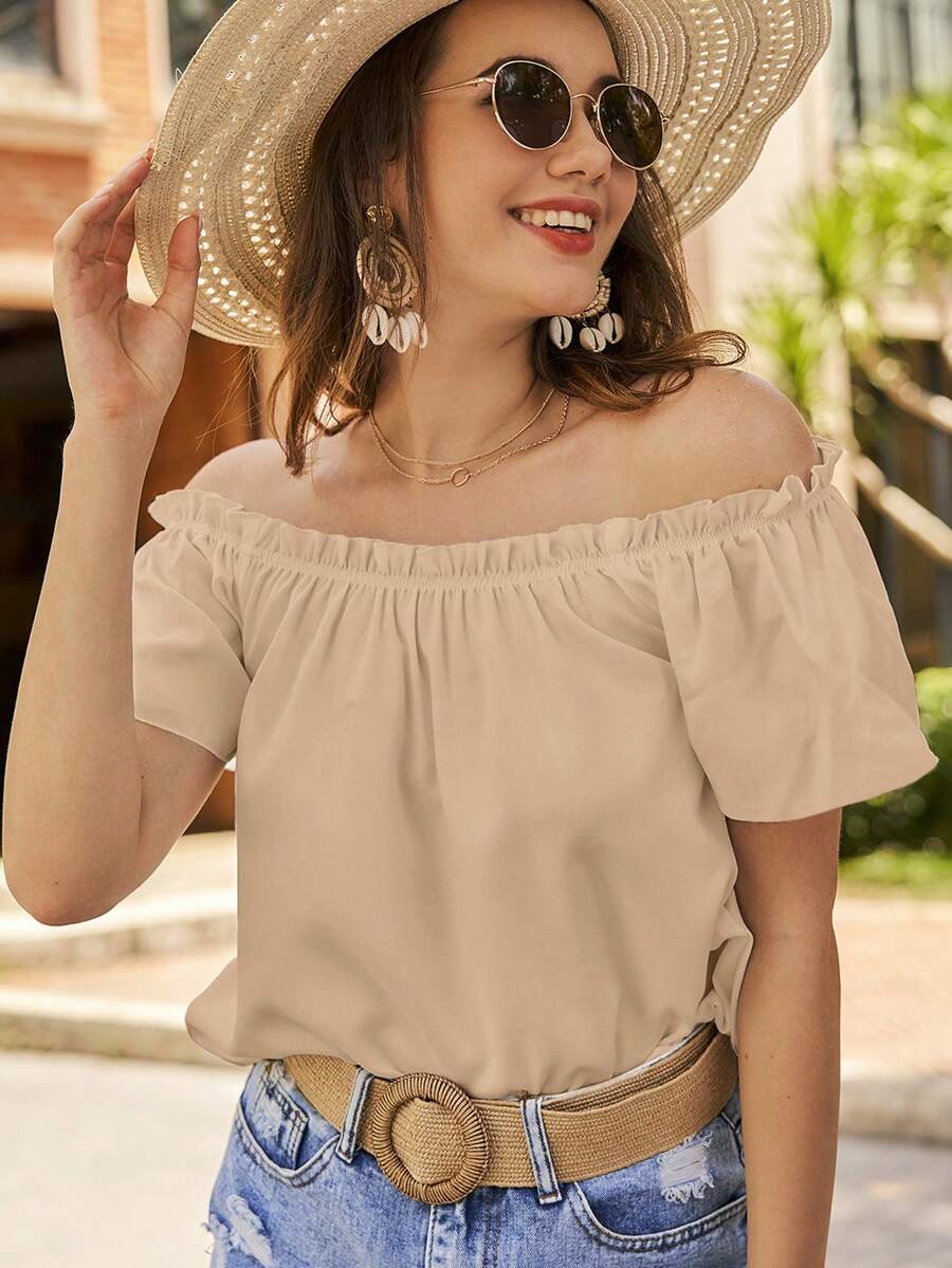 SHEIN VCAY Off Shoulder Frill Trim Blouse - Khaki - View 1