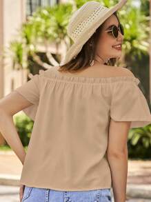 SHEIN VCAY Off Shoulder Frill Trim Blouse - Khaki - View 2