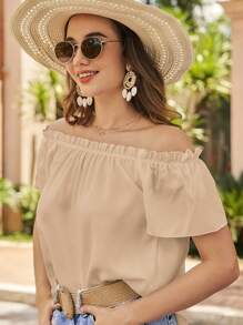 SHEIN VCAY Off Shoulder Frill Trim Blouse - Khaki - View 3