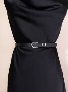 1pc Women Simple & Versatile Ladies Skinny Waist Belt With Metal Buckle For Dress Decoration, Black Summer, School