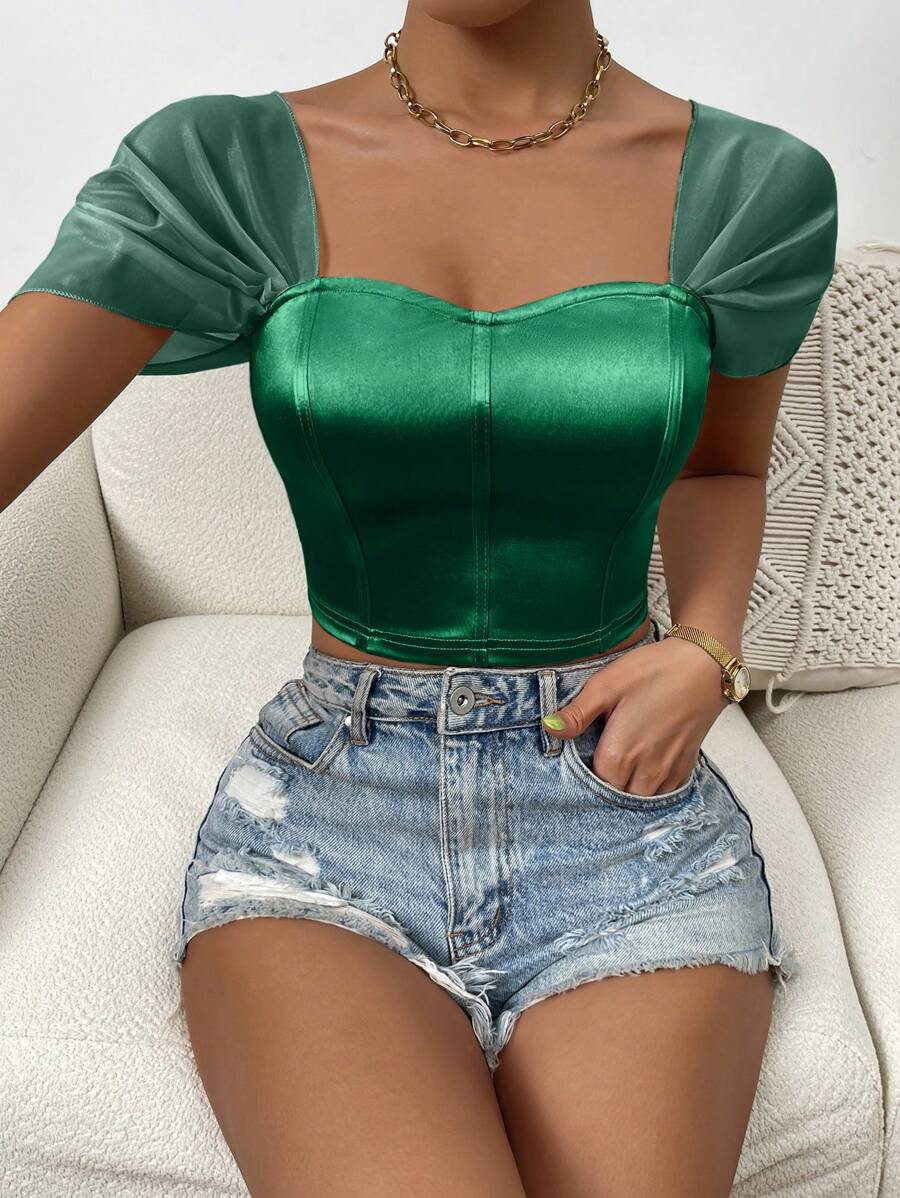Allurite Áo nữ Tương phản Mesh màu trơn Thanh lịch - Màu xanh lá cây đậm - Xem 1