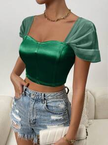 Allurite Áo nữ Tương phản Mesh màu trơn Thanh lịch - Màu xanh lá cây đậm - Xem 7