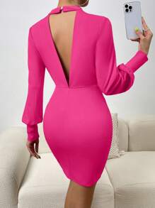SHEIN Privé Cut Out Backless Lantern Sleeve Bodycon Dress - Hot Pink - View 1