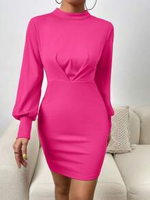 SHEIN Privé Cut Out Backless Lantern Sleeve Bodycon Dress - Hot Pink - View 5