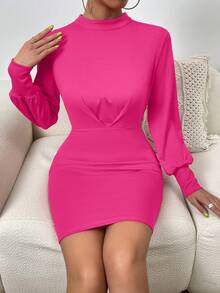 SHEIN Privé Cut Out Backless Lantern Sleeve Bodycon Dress - Hot Pink - View 7