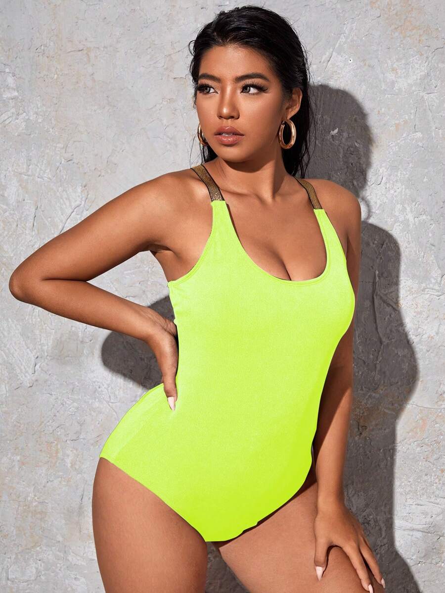 大碼螢光綠露背交叉連體泳衣 - 青檸色 - 查看 1