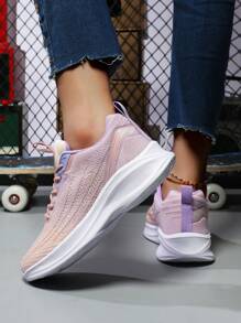 女性字母細節前綁帶運動運動戶外織物跑步鞋 - 粉色 - 查看 3