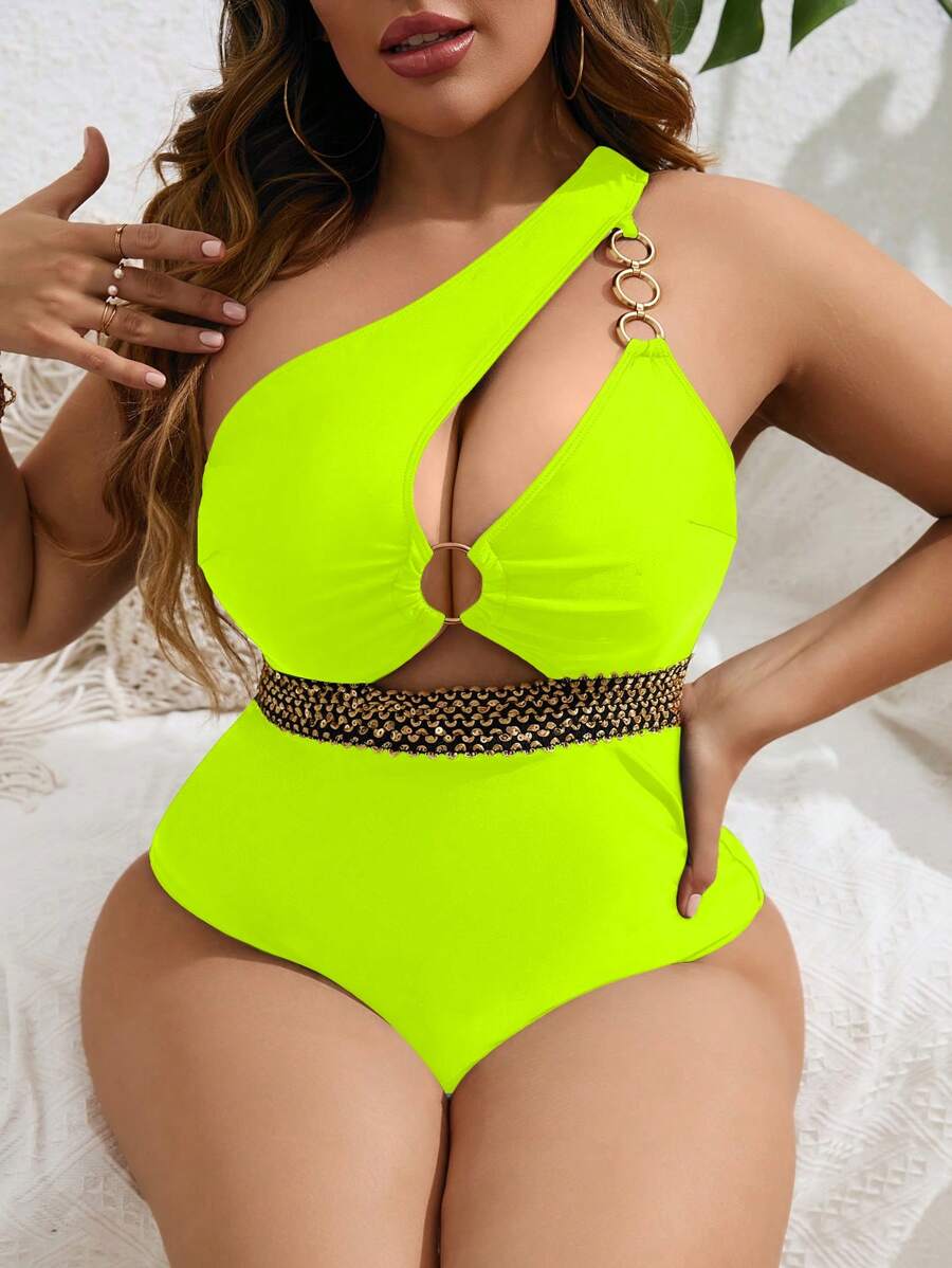 SHEIN Swim Curve Summer Beach Plus Ring Linked Cut Out Stitch Detail One Shoulder One Piece Swimsuit - Lime Green - View 1