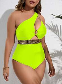 SHEIN Swim Curve Summer Beach Plus Ring Linked Cut Out Stitch Detail One Shoulder One Piece Swimsuit - Lime Green - View 3