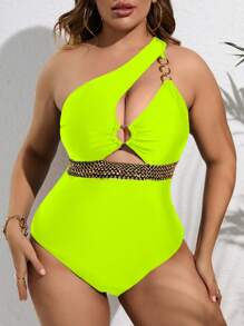 SHEIN Swim Curve Summer Beach Plus Ring Linked Cut Out Stitch Detail One Shoulder One Piece Swimsuit - Lime Green - View 4