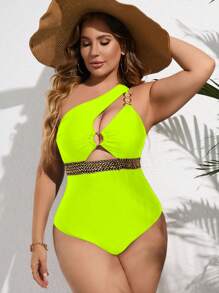 SHEIN Swim Curve Summer Beach Plus Ring Linked Cut Out Stitch Detail One Shoulder One Piece Swimsuit - Lime Green - View 5
