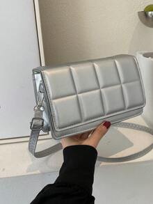 簡潔時尚的小方包,時尚都市肩背袋,帶翻蓋的斜挎包,極簡格子手提袋 - 銀色 - 查看 2