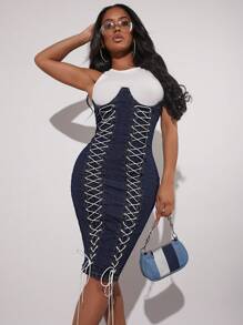 Denimoi Lace Up Denim Dress Without Tank Top - Dark Wash - View 5