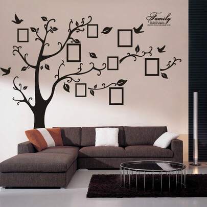 Set de 4 pegatinas de pared con patrón de árbol y pájaro, marco de fotos de plástico negro, decoración de pared, para decoración del hogar, pegatinas, decoración de pared, vinilo para decoraciones del hogar, artículos de decoración de primavera para refrescar tu hogar, pegatinas de decoración de ramas, regalos de cumpleaños y graduación