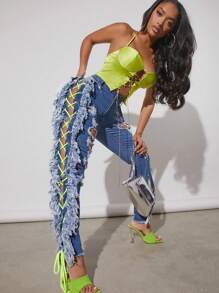 High Waist Ripped Fringe Trim Lace Up Jeans - Dark Wash - View 1
