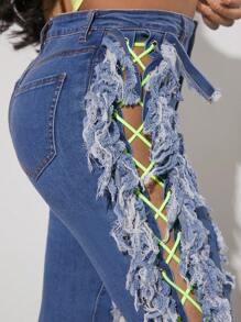 High Waist Ripped Fringe Trim Lace Up Jeans - Dark Wash - View 3