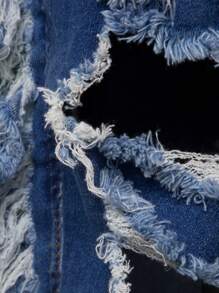 High Waist Ripped Fringe Trim Lace Up Jeans - Dark Wash - View 7