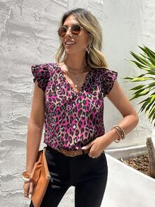 SHEIN LUNE Leopard Print Ruffle Trim Blouse - Multicolor - View 4