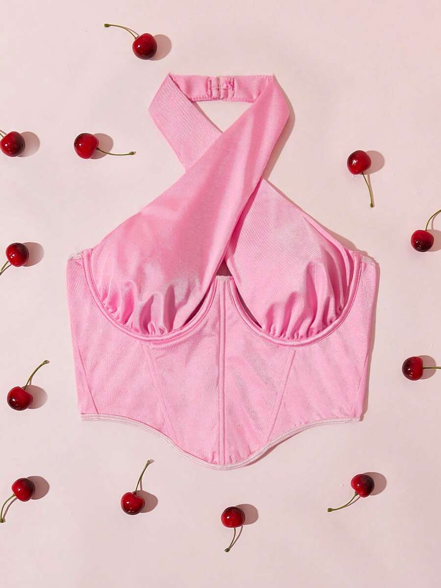 Sujetador unicolor con tira cruzada de cuello halter con aro - Rosa - Ver 1